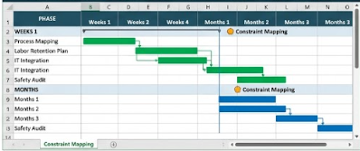 Phased timeline with weeks and months, task bars, and constraint mapping milestones.